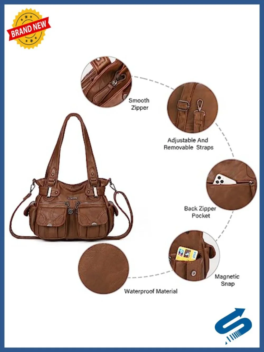 Large Hobo Tote PU Leather Multi-Pocket Shoulder Bag Water Resistant Women